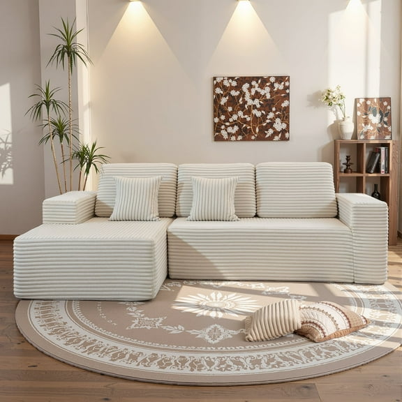 Opohoro 108" Oversized L-Shaped Corduroy Sectional Sofa Modern Modular Cloud Couch with Deep Seating Upholstered Sofa for Living Room Bedroom, No Assembly Required, Beige