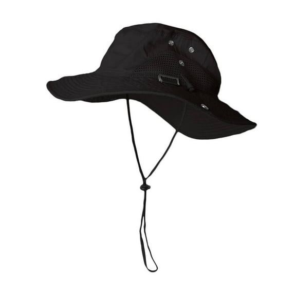 Fishing Draw String Mesh Boonie Hat With Top Side Buckle for ID, Black S/M