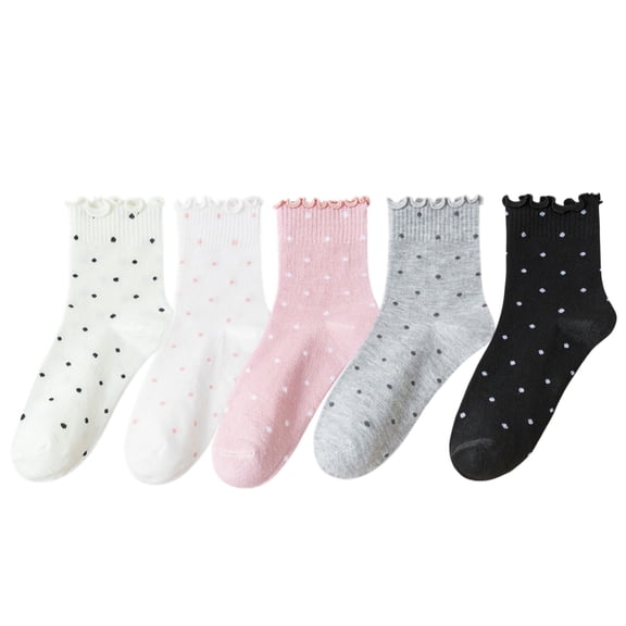 Women's Polka Dot Ankle Socks Set Soft Cotton Blend Ruffle Trim Cuff Multiple Color Combos 5 Pairs, 5 PK-MUL A