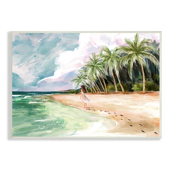 Stupell Industries Woman Walking Sandy Footprints Tropical Beach Coast, 19 x 13,Design by Ziwei Li