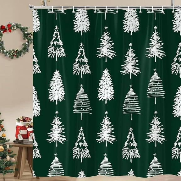 Christmas Tree Shower Curtain Green Background Bathroom Decorative Curtains, Winter Holiday Festival New Year Xmas Trees Shower Curtains, Waterproof Fabric Bathtub Curtains with Hooks 72"x72"