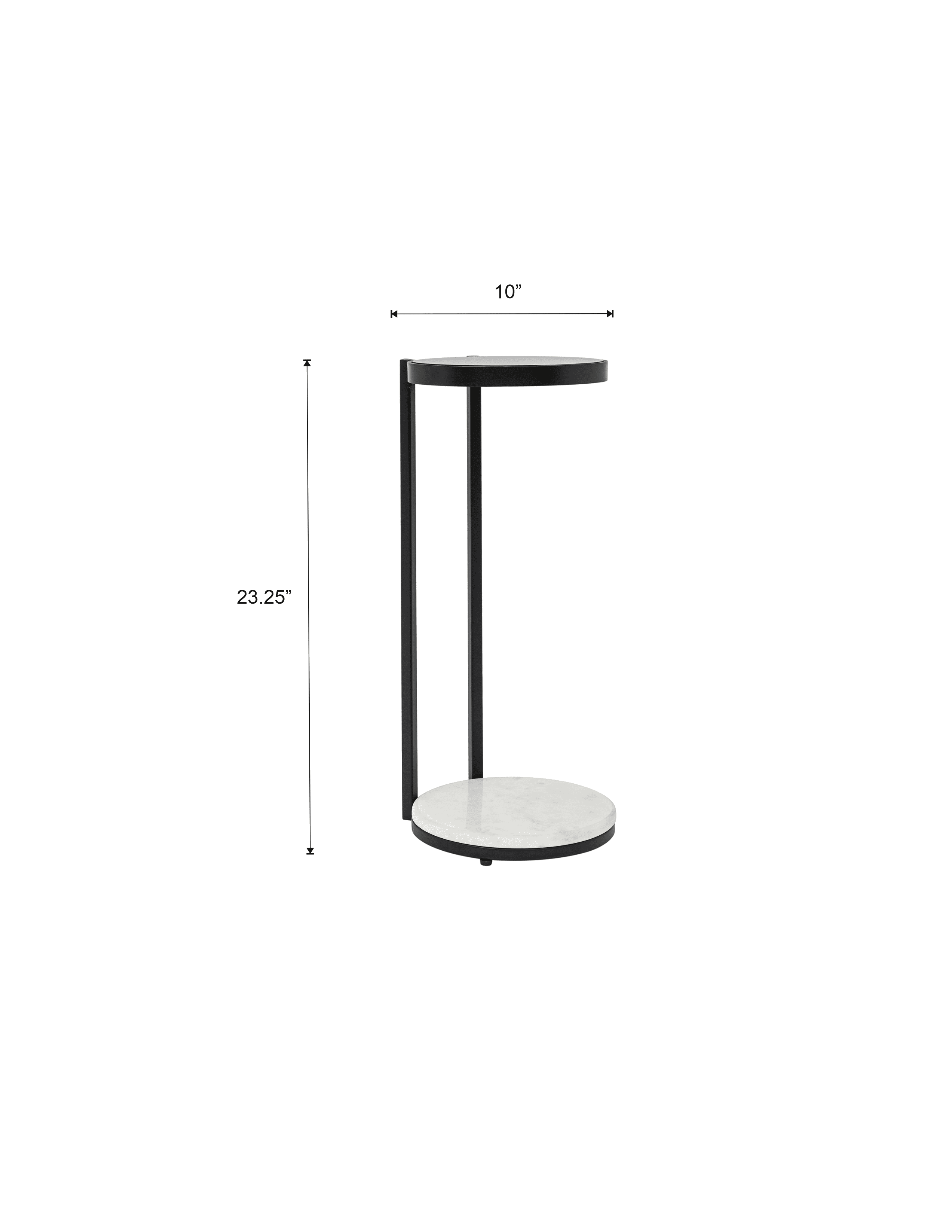 Modern Accent Side Table, Clear Glass Top with Black Metal Frame & White Marble Base, Compact 10×10×23.25 Inch Drink End Table for Living Room Bedroom