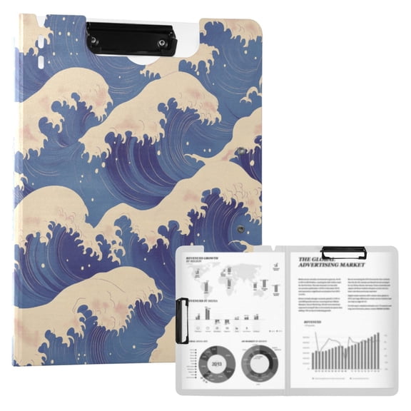 FORMRS A4 Clipboard Folder with Pen Holder Horizontal Foldable School Office Binder, Blue Wave Pattern