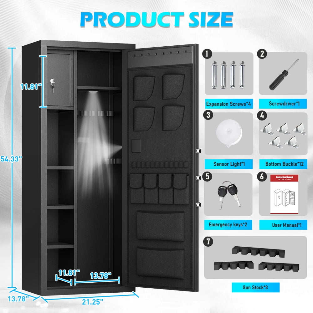 Omethey Gun Safe, 8-12 Unassembled Digital Gun Safes with Adjustable Shelves & Inner Cabinet, Large Shotgun Safe with Pistol Bag & Gun Support, Quick Access Gun Cabinet for Home with DIY Sticker