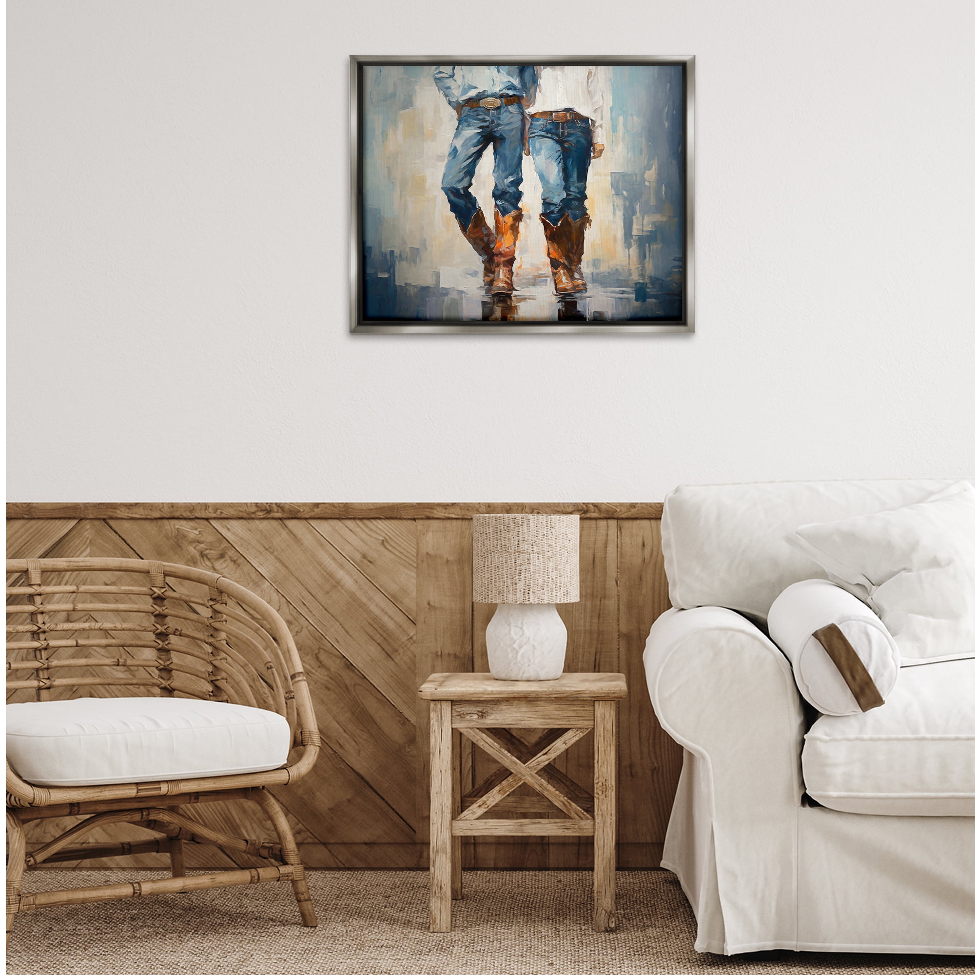 Stupell Industries Cowboy & Cowgirl Couple Novelty Painting Gray Floater Framed Canvas Art Print Wall Art, 31 x 25