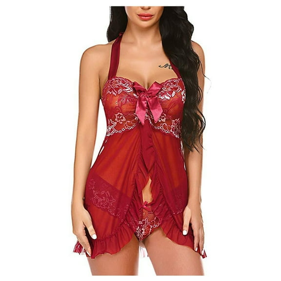 Sexy Halter Open Front Ruffle Sheer Mesh Lace Babydoll Lingerie Dress with Thong 2 Piece
