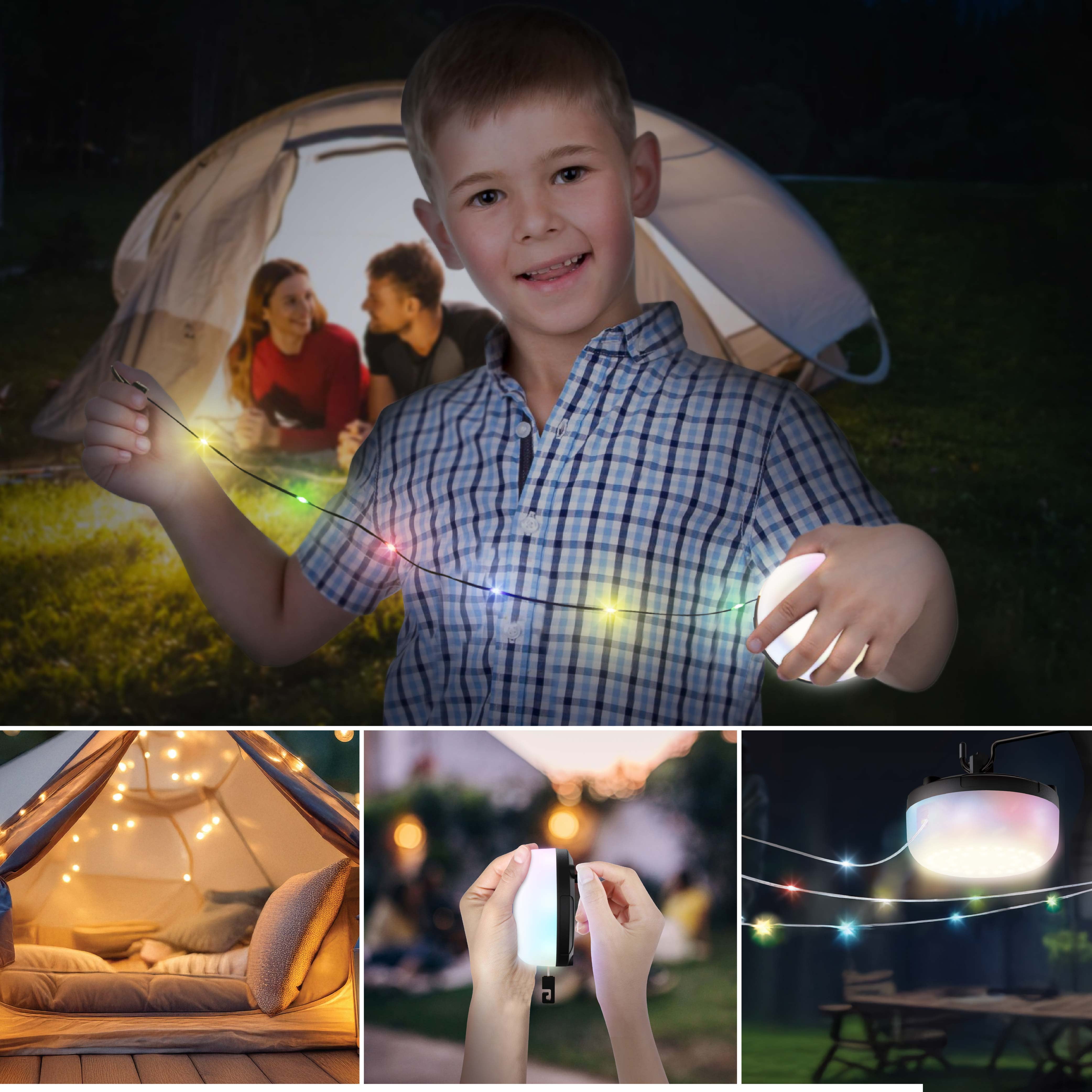 Bell + Howell 50 Ft Retractable Camping String Lights with Flash Light & Hanging Hook, 125 LEDs for Camping, Holidays, Portable String Lights Outdoor Waterproof IP65, USB-C Cable Included