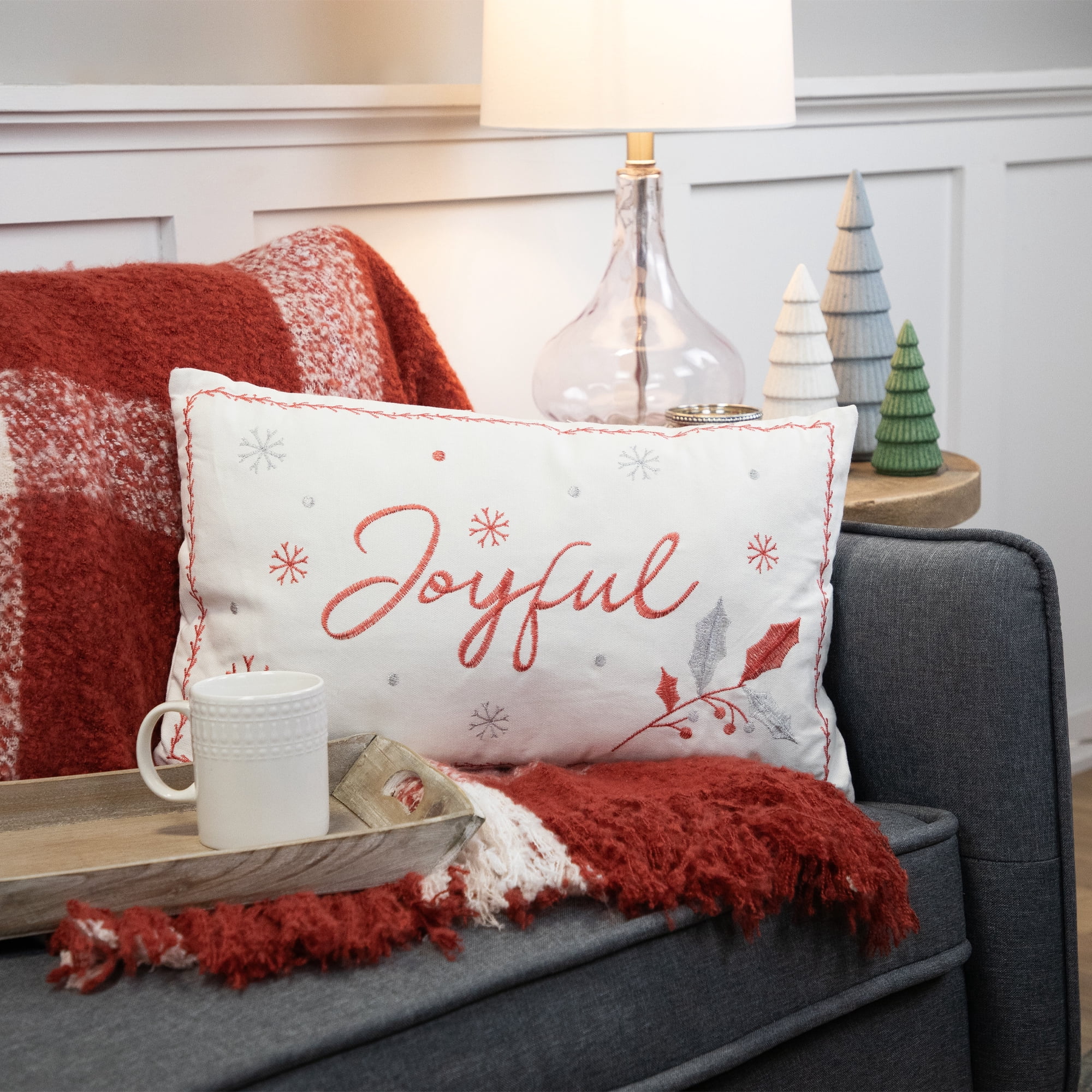 Embroidered "Joyful" Rectangular Christmas Throw Pillow - 19" - Red and White
