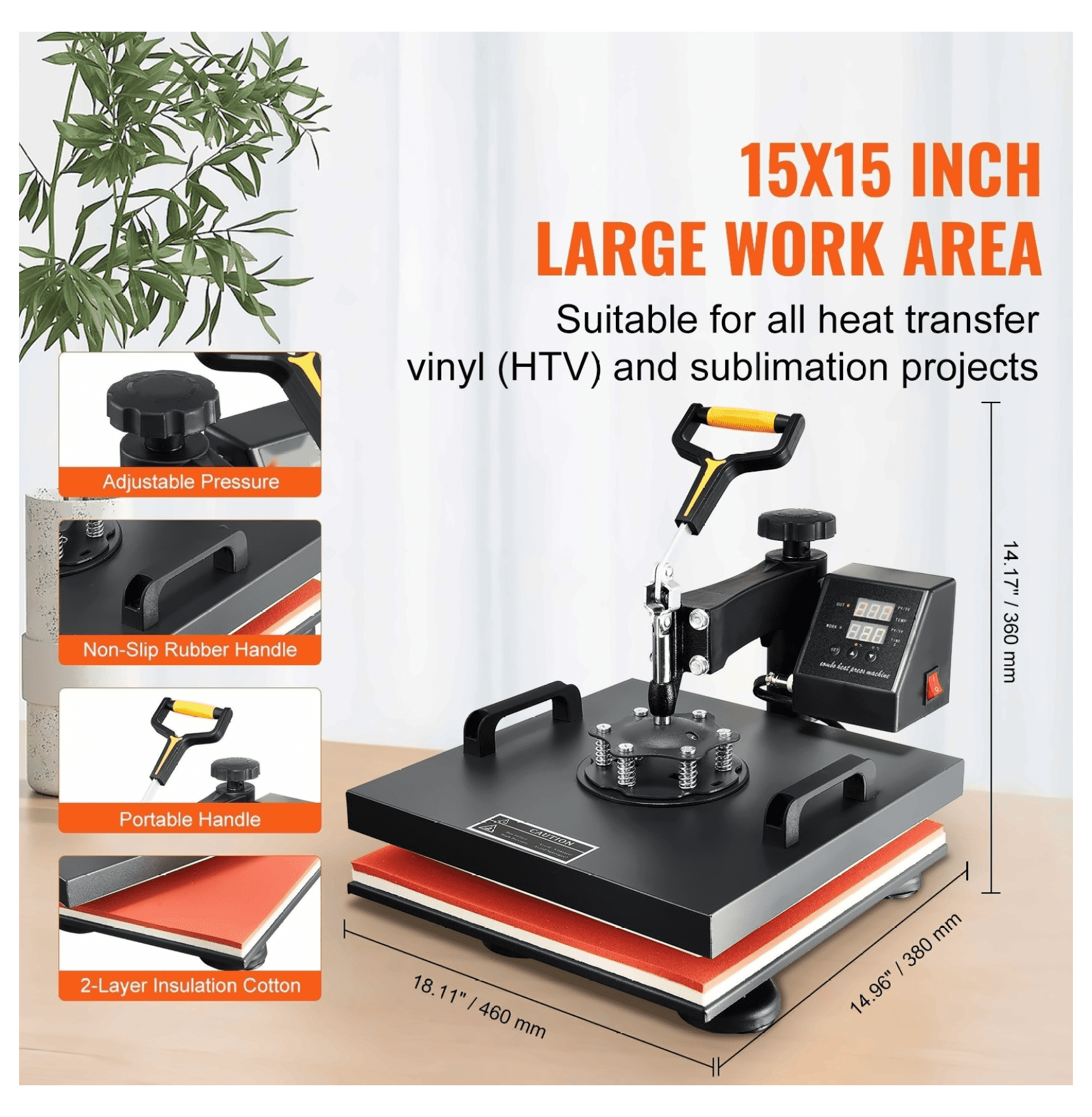 Heat Press Machine 15x15 Inch 8-in-1 Combo Digital Multifunctional Sublimation Transfer Press for T Shirts, Hats, Mugs, Caps, Plates - Swing Away