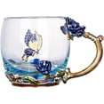 thumbnail image 2 of Longwin Enamel Glass Mug Butterfly Flower Lead-Free Drinking Tea Cup Coffee Mugs with Steel Spoon Set for Women Birthday Valentines Wedding Day Gifts Blue, 2 of 6