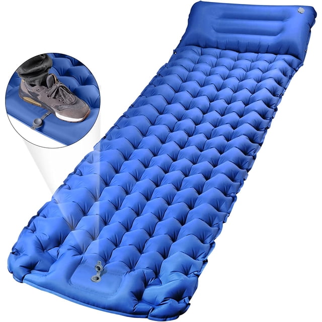 Camping Mattress with Foot Pump, Upgraded Thickness 10cm/4" Self-Inflating Sleeping Pad, Hiking Mattress with Pillow, Ultra Light Air Mattress for Camping, Tent, Hiking (Blue)