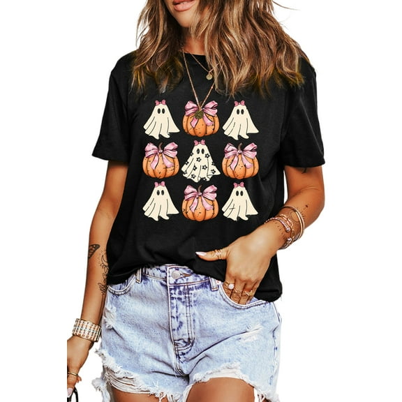Women's Black Halloween Ghost Pumpkin Graphic T-Shirt | [ZhiHiMeRi] | (US 20-22)2XL