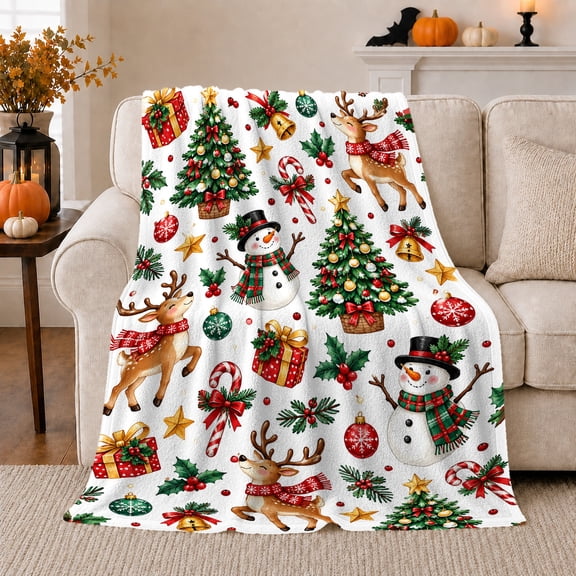 Festive Snowman Reindeer Holiday Cheer, Festive Holiday Scene, Warm Flannel Blanket for Living Room and Reading Nook, Art Lovers Christmas Gift, Festive Home Decor