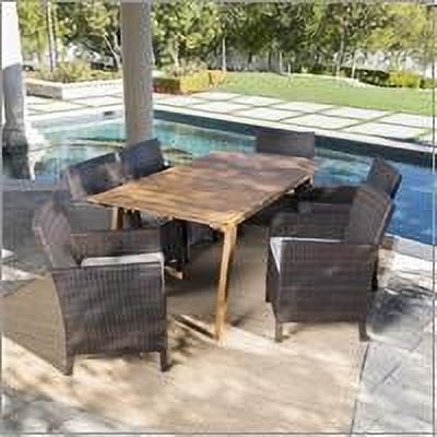 Brady Outdoor 7 Piece Acacia Wood Rectangular Dining Set with Wicker Dining Chairs and Cushions, Teak, Multibrown, Light Brown