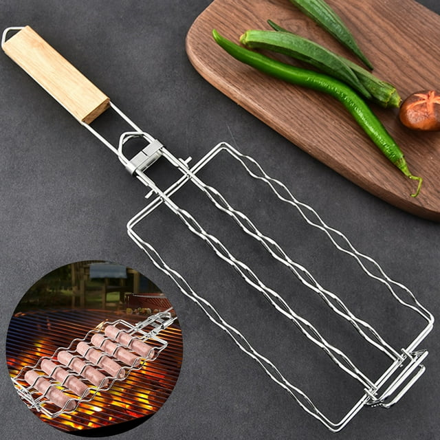 YAOMOBB Rounded Edges BBQ Grill 304 Stainless Steel Sausage Barbecue Net Foldable Portable BBQ Tool Easy to Clean Grilling Rack Outdoor