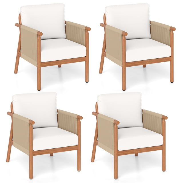 Gymax 4PCS Patio Acacia Wood Chair w/ Woven Rope Armrests & Seat Back Cushions White