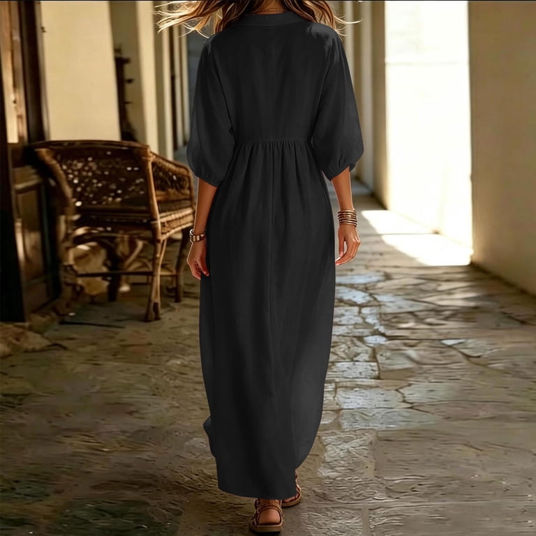 lightweight cotton summer dress casual summer dress with sleeves Cotton Linen Sun Dresses for Older Women  Casual Loose Comfy V