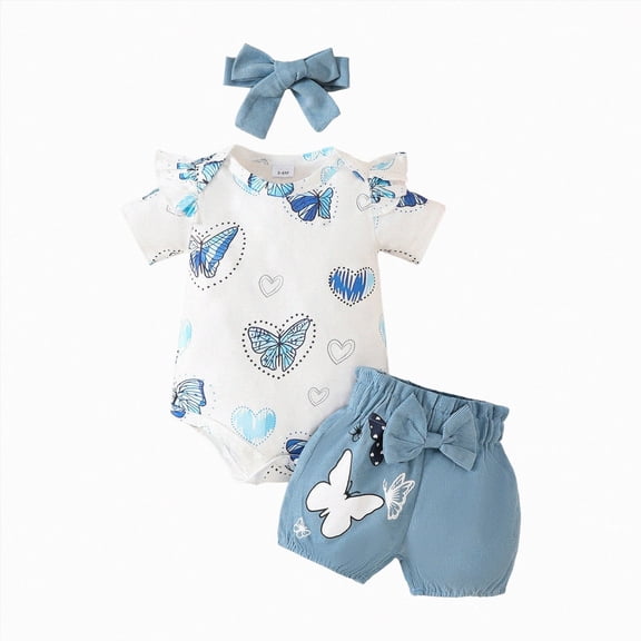 Newborn Baby Girl Summer Clothes Bow Embroidery Short Sleeve Romper Bodysuit Ruffle Shorts Headband 3Pcs Set Cute Outfits Kaprioy Hawaiian Outfit for Girls