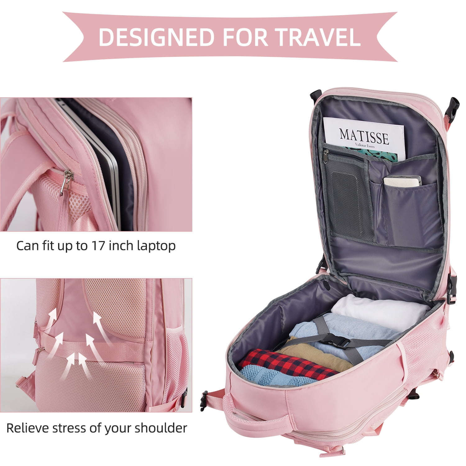 Lochas Travel Backpack Carry On Backpack,Hiking Backpack Waterproof Outdoor Sports Rucksack Multi-pocket Daypack School Bag for Men Women,Pink