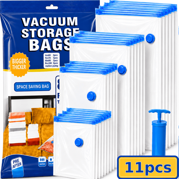 GAZILY® Vacuum Storage Bags, 11 Reusable Bags with Hand Pump, PA PE Space Saver Bags for Clothes, Blankets and Bedding, Double-Zip Seal, 4 Assorted Sizes