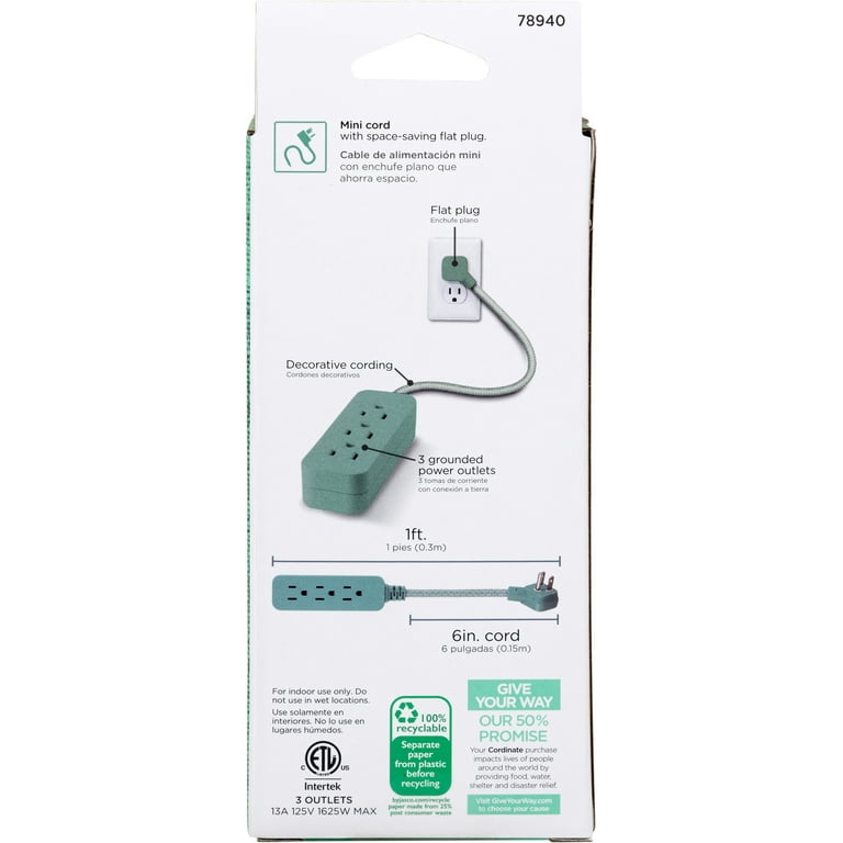 Cordinate 1ft Extension Cord, 3 Grounded Outlet, Braided Cord, Granite  Green, 78940 