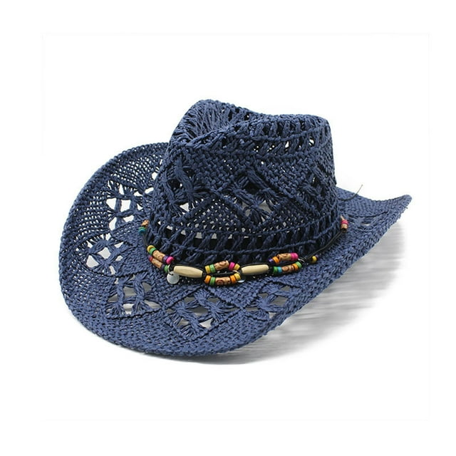 WEIYLL Chapeaux de Soleil pour Femmes Été Western Cowboy Forme Paille Ajourée Marine Plage