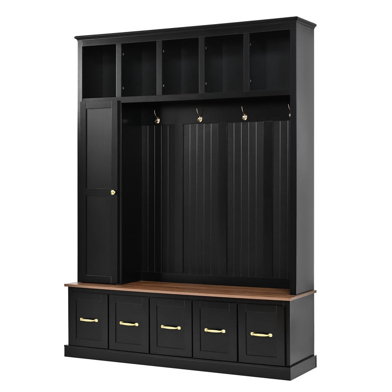 Farmhouse Hall Tree with Open Cubbies, Entryway Coat Rack with Hooks, Multi-Functional Mudroom Organizer with Storage Drawers for Shoes, Bags and Accessories