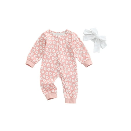 

jaweiwi Baby Girls Jumpsuits Outfit Set Floral Printed Long Sleeves Round Neck Romper and Headband Size 0 6 9 12 18 M