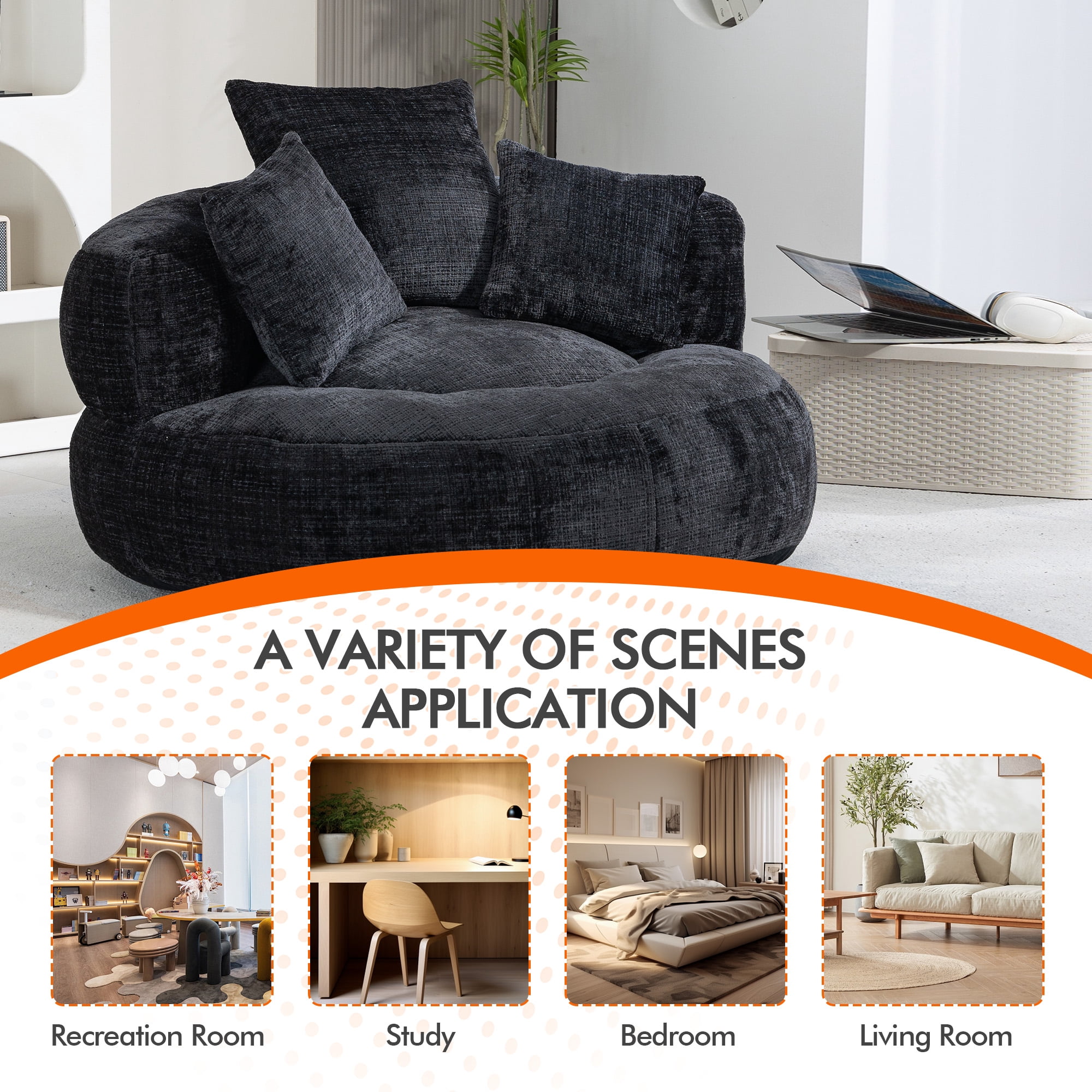 42.5''W Chenille Bean Bag Chairs, Chenille Soft Lazy Sofa Chair, Bean Bag Chair For Adults & Kids To Gaming,Reading,And Watching TV,Living Room, Bedroom,Office Room(Black)