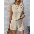 thumbnail image 4 of Womens 2 Piece Summer Linen Outfits Short Sets Round Neck Sleeveless Tank Top Elastic High Waisted Shorts Cream White XL, 4 of 8