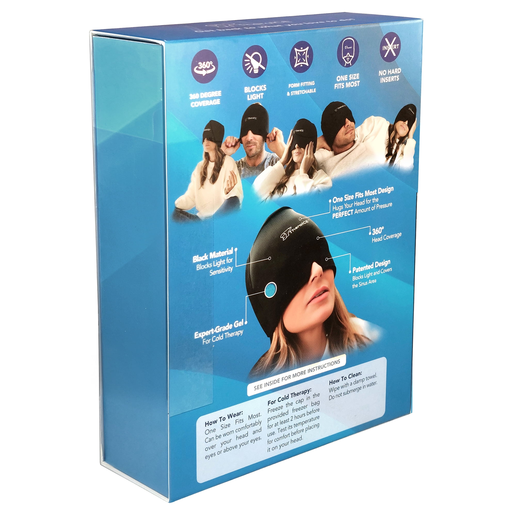 TheraICE Migraine Relief Cap, Soothing Headache Hat Ice Pack Mask, Face Cold Compress Cooling Gel Head Wrap Products for Tension, Stress & Hangover
