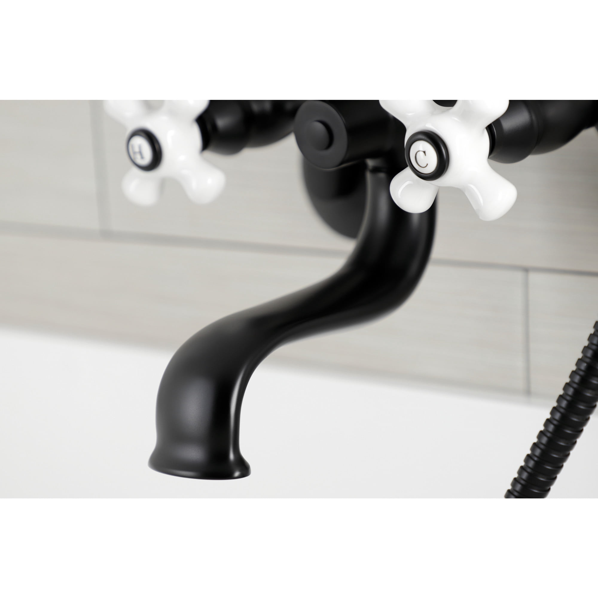 Kingston Brass KS226PXMB Kingston Three-Handle 2-Hole Wall Mount Clawfoot Tub Faucet with Hand Shower in Matte Black