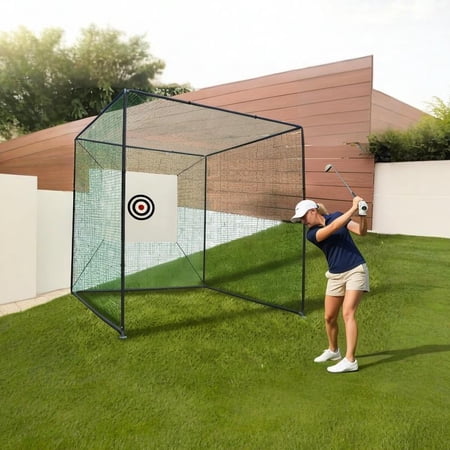 10x10x10FT Golf Practice Net Cage with Heavy Duty Metal Frame Portable Full Swing Hitting Training Net for Indoor Outdoor Backyard Garage Includes Impact Net Target Mat Tee Practice Balls Anchors