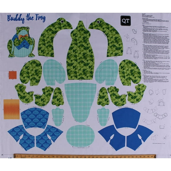 35.5" X 44" Panel Buddy the Frog Animal Kids Children's Stuffed Toy Sew & Go III Cotton Fabric Panel (1649-26388-X)