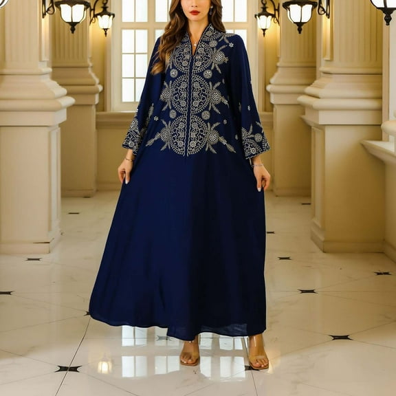 Xuniizn Muslim Dresses for Women, Maxi Long SLeeve V Neck Embroidery Fall Loose Dress, Soft Comfy Elegant Ethnic Dress