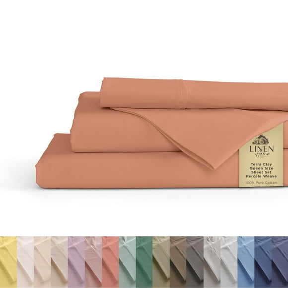 Linen Home Draps en Percale 100 % Coton Taille Grand Argile Poche Profonde Ensemble 4 Pcs - 1 Drap Plat 1 Drap-Housse Poche Profonde et 2 Taies d'Oreiller Linge de Lit Frais et Solide