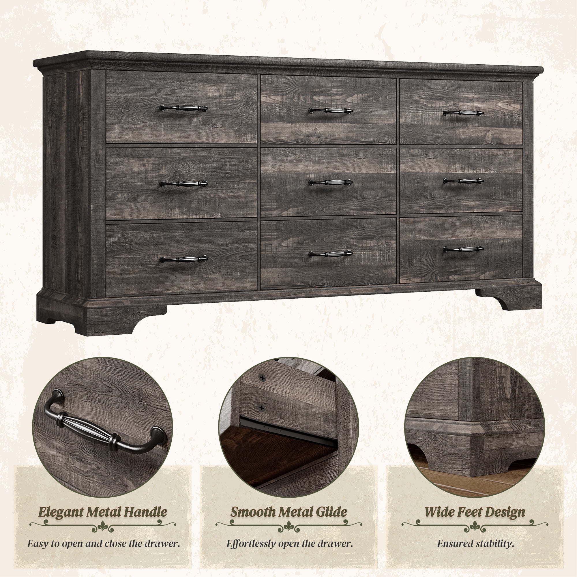 9 Drawers Dresser, 63"L Farmhouse Dressers for Bedroom & Chest of Drawers, Solid Wood TV Stand with Large Metal Handle,Dark Rustic Oak