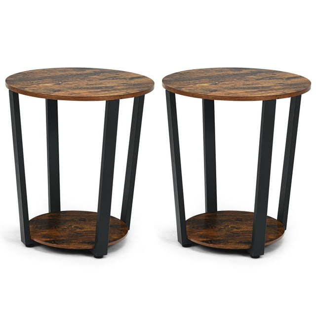 Patiojoy Ensemble de 2 Tables d'Appoint Industrielles Rondes à 2 Niveaux Table d'Appoint en Métal pour Sofa avec Tablette de Rangement Brun