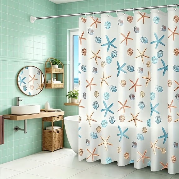 Kieccall Shower Curtain Bath Screen PEVA Material Starfish Shell Printed Waterproof Curtain for Bathroom Home Stylish Partition Bath Accessory Gift