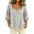 thumbnail image 3 of Tnhcen Women Summer Top French Square Neck Gingham Blouse Puff Sleeve Casual Loose Fit Button Down Boho Shirt for Women Daily Vacation XS-4XL, 3 of 4