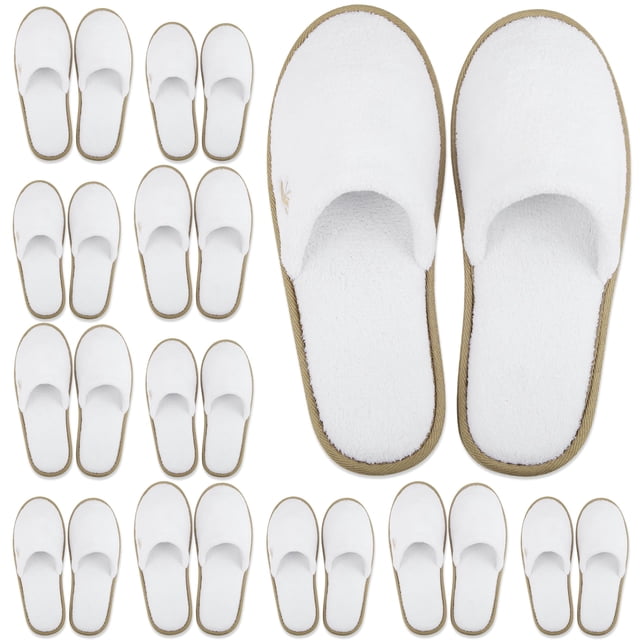 BERGMAN KELLY Pantuflas de spa con punta cerrada (medianas, 12 pares, blanco + ribete de cacao) Zapatillas de hotel desechables para interiores para hombres y mujeres, forro polar coral esponjoso, sue