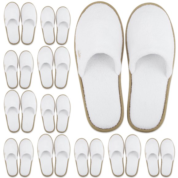 BERGMAN KELLY Pantuflas de spa con punta cerrada (medianas, 12 pares, blanco + ribete de cacao) Zapatillas de hotel desechables para interiores para hombres y mujeres, forro polar coral esponjoso, sue