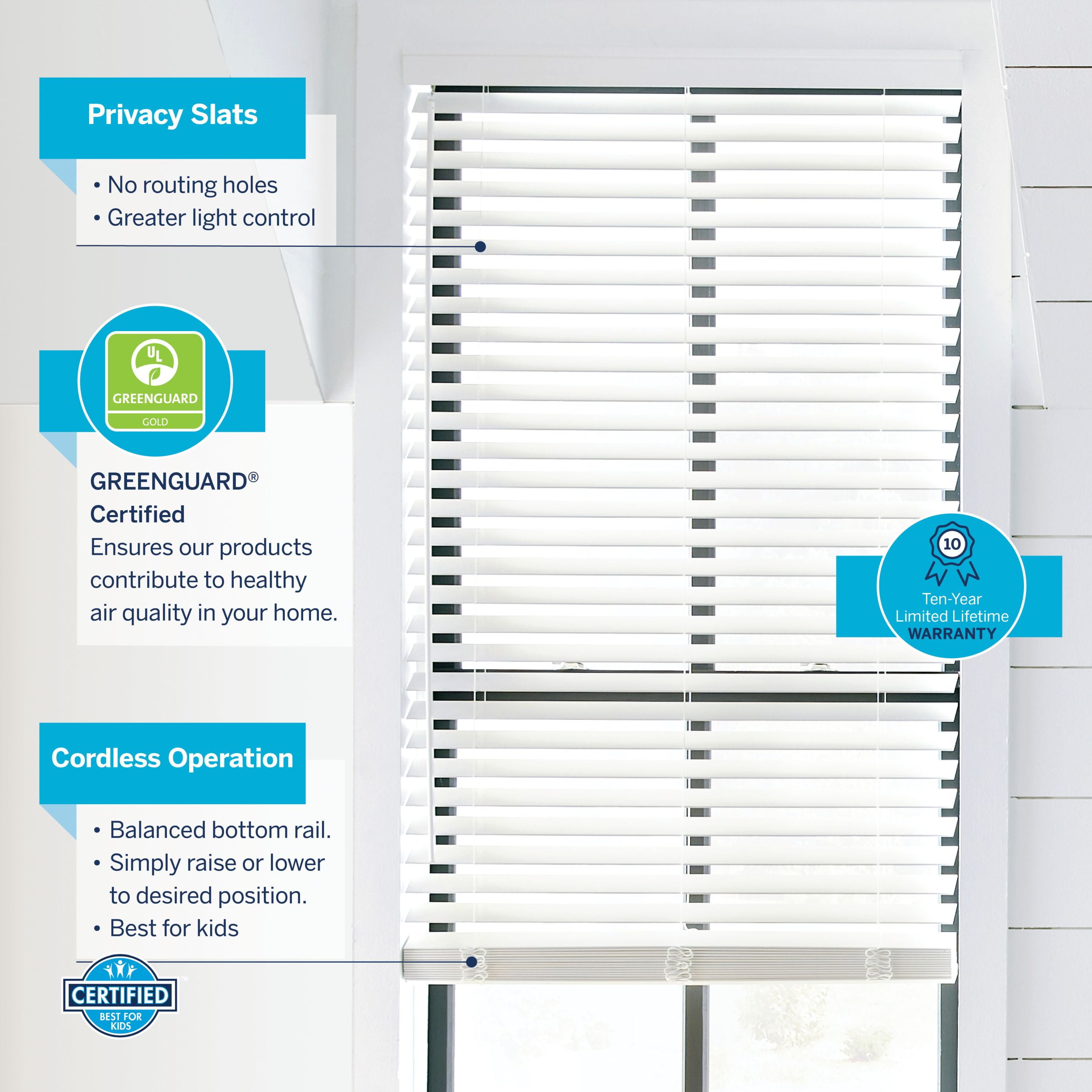 LEVOLOR Custom Classic Value 2" Cordless Faux Wood Blinds, White, 57" Width x 48" Length