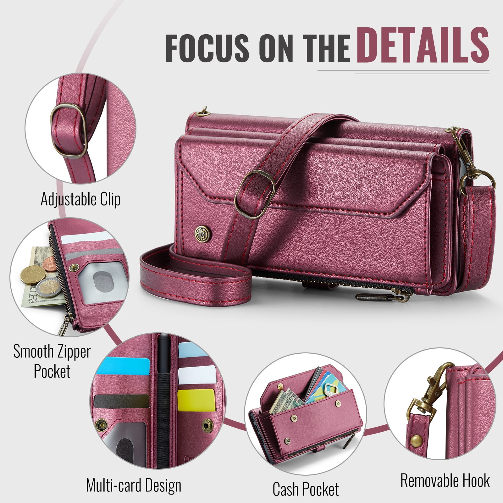 Dteck for Samsung Galaxy Z Fold 4 Case with RFID Blocking Wallet Case for Women Men, Shockproof PU Leather Magnetic Flip Strap Zipper Card Holder Phone Case,Winered