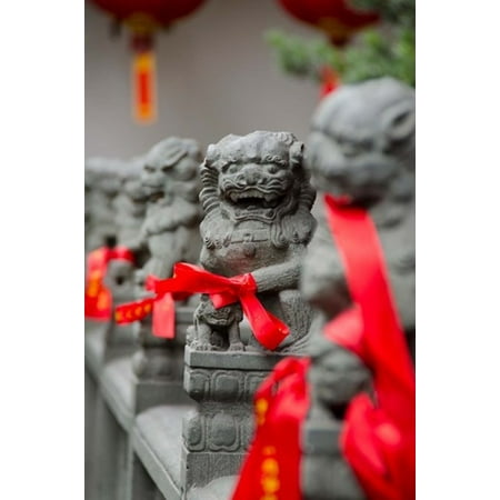 Stone lions with red ribbon Jade Buddah Temple Shanghai China Poster Print by Cindy Miller Hopkins