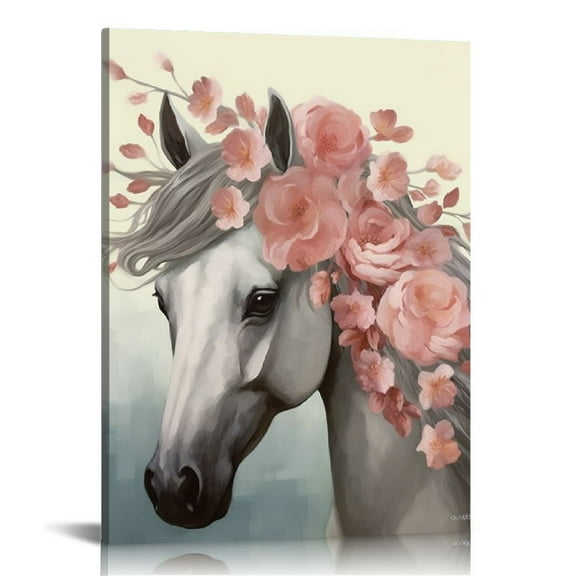 COMIO White Horse Paintings for Wall Horse with Flower Crown Picture Wall Decor Pink Modern Abstract Animal Artwork Home Bedroom Bathroom Wall Decor Gallery Wrap