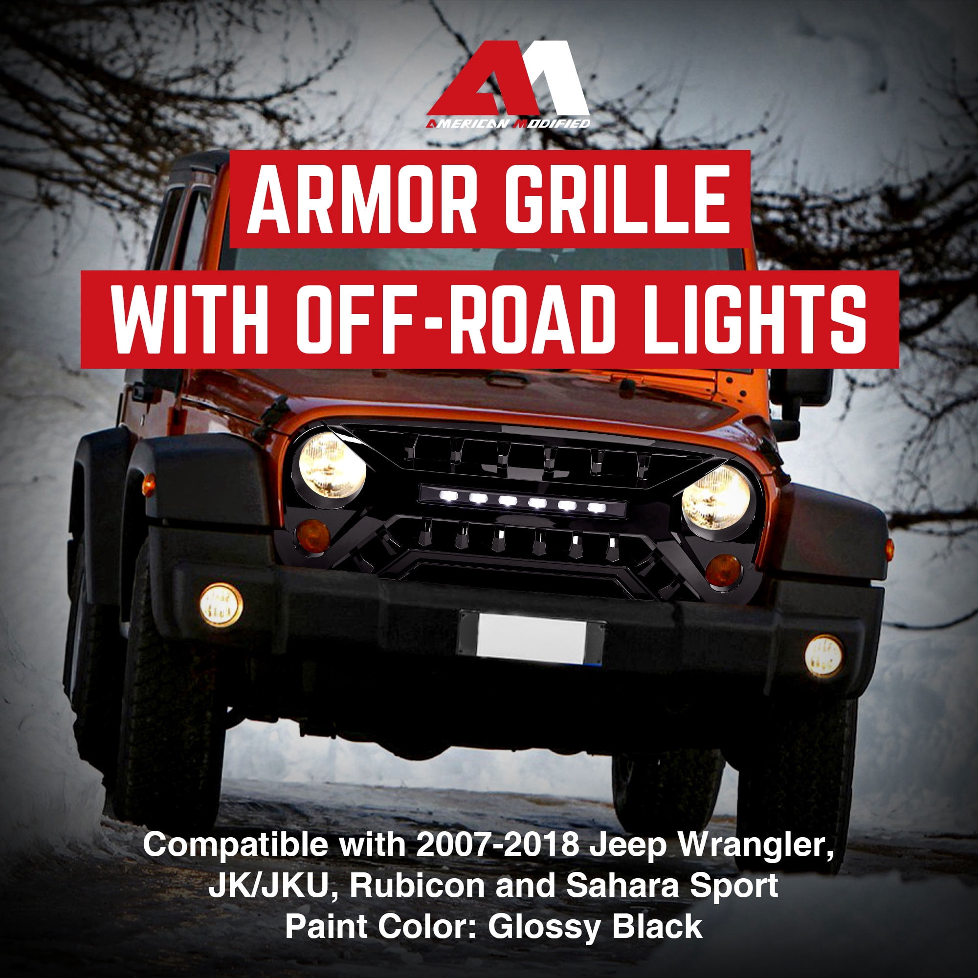 AMERICAN MODIFIED Armor Grille w/Off-Road Lights, 07-18 Jeep Wrangler JK