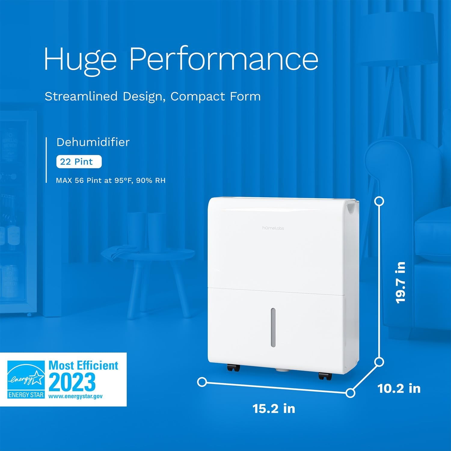 hOmeLabs 22 Pint Wi-Fi Dehumidifier for up to 3,000 Sq Ft Rooms (MAX 56 Pint at 95°F, 90% RH) – Compact, Smart Moisture Control for Home, Bedroom, or Bathroom