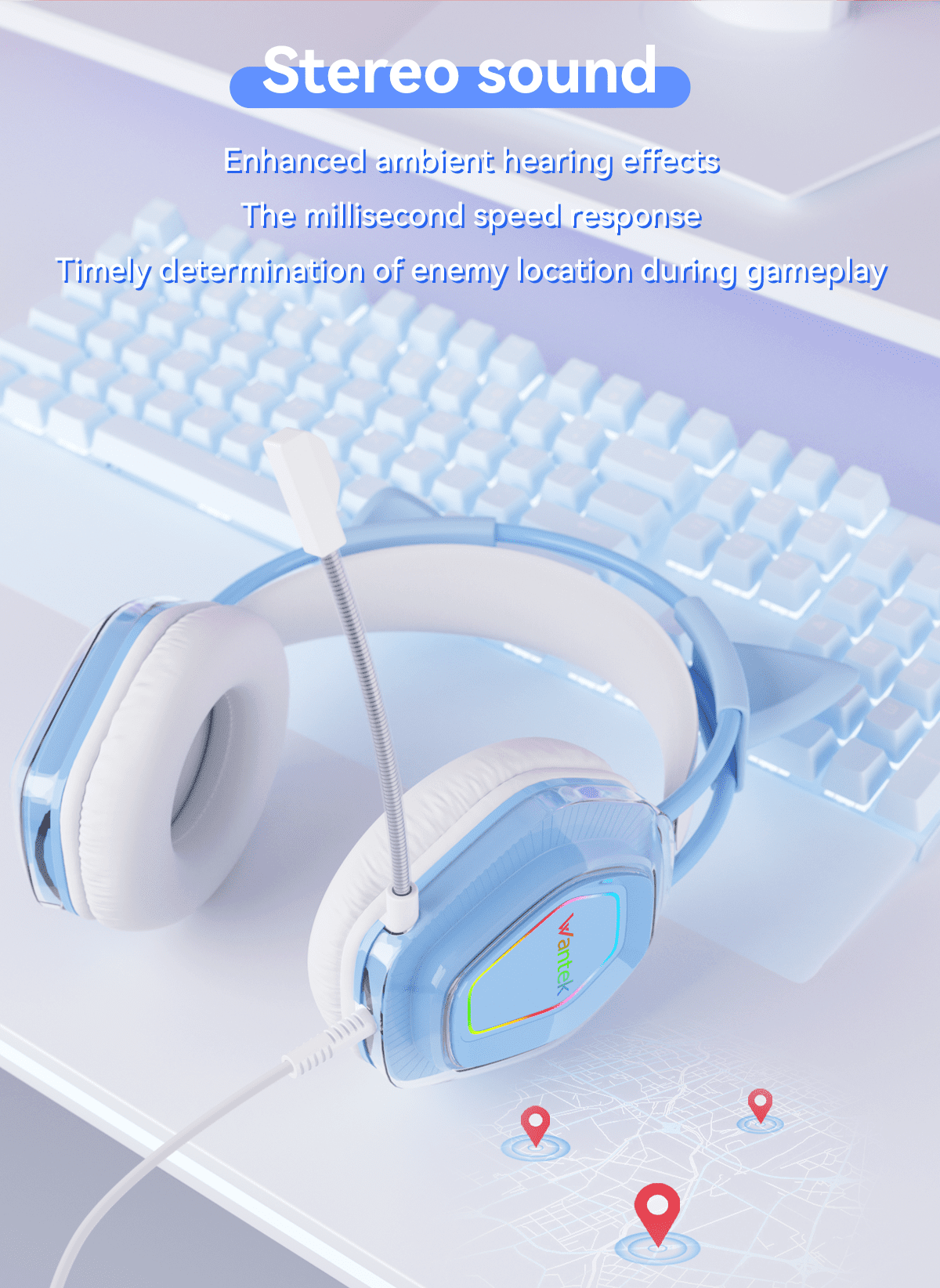 Wantek V10 Cat Ear Style Gaming Headset with comfortable fit and vibrant RGB lighting, Hi-Fi Sound - Blue