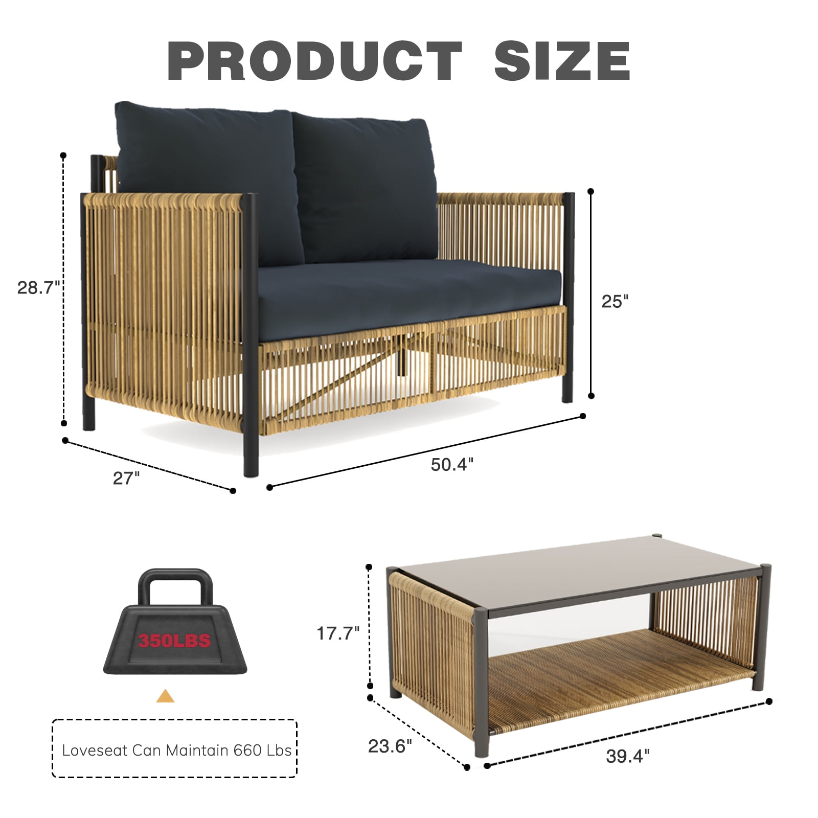 Outdoor PE Brown Wicker 2 Seats Sofa with Grey Cushion and Table Set